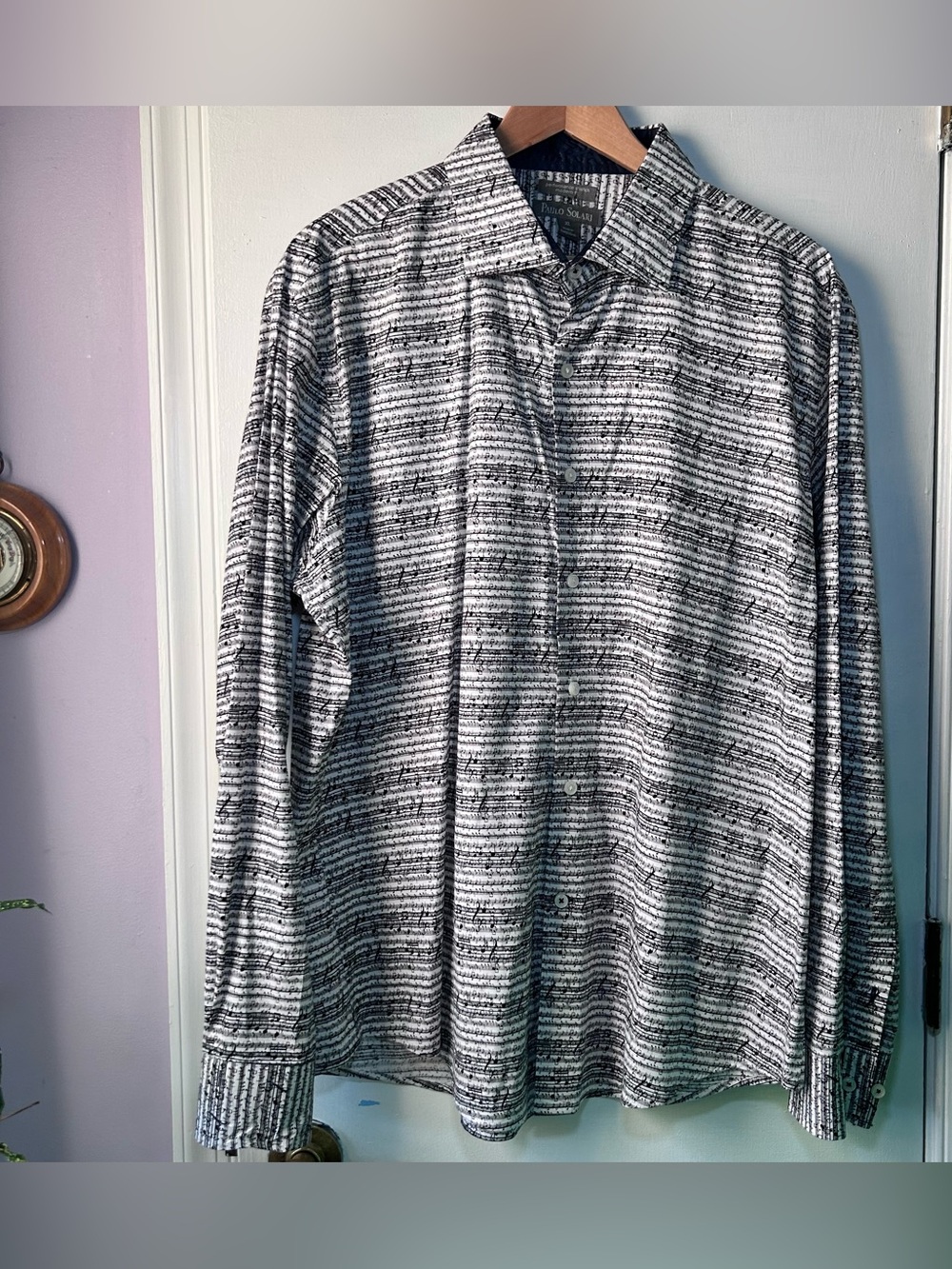 Paolo Solari Men’s XL Musical Staff & Note Black & White Longsleeve Buttondown